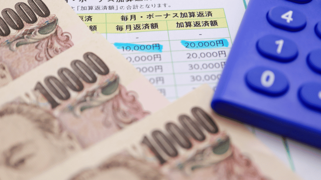 電卓と日本円と資料