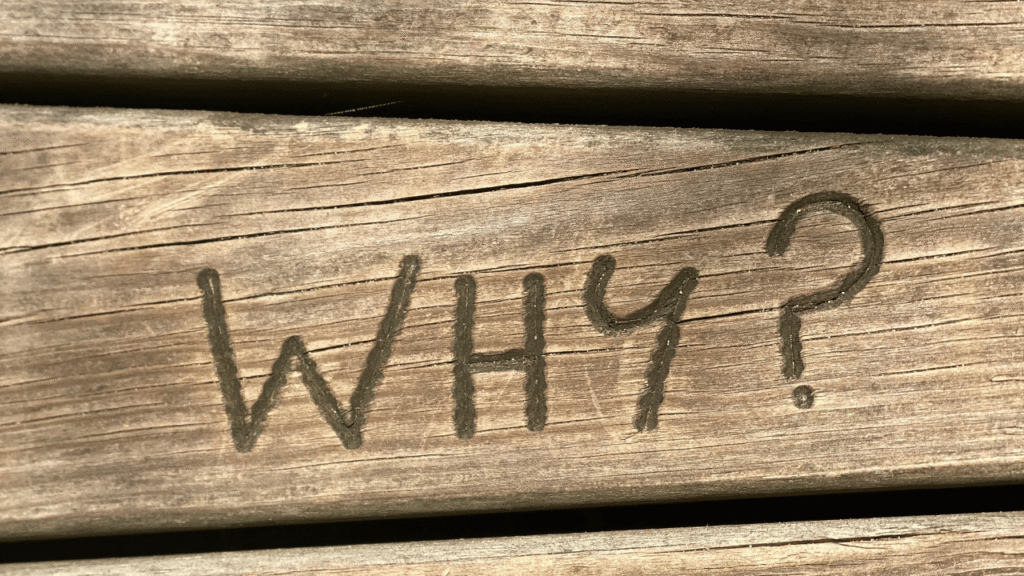 whyと彫られた木
