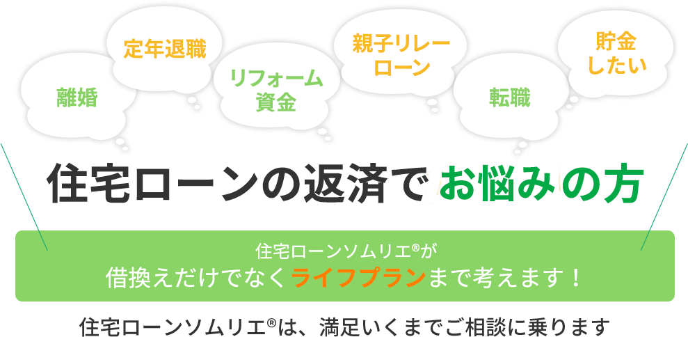 
                            アパートローンの返済にお悩みの方
                            住宅ローンソムリエ®は返済中のローンの見直しや借換えをお手伝いいたします。
                            金融機関との交渉の時間や手間が削減できる
                            融資の審査に通りやすくなる
                            プロの交渉で金利が下がる